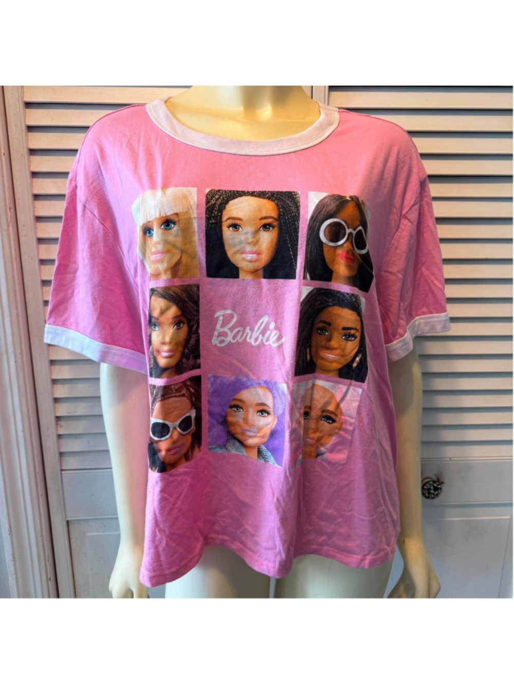 Women's Barbie Graphic Short Sleeve Tee, Pink and White, Size 2X